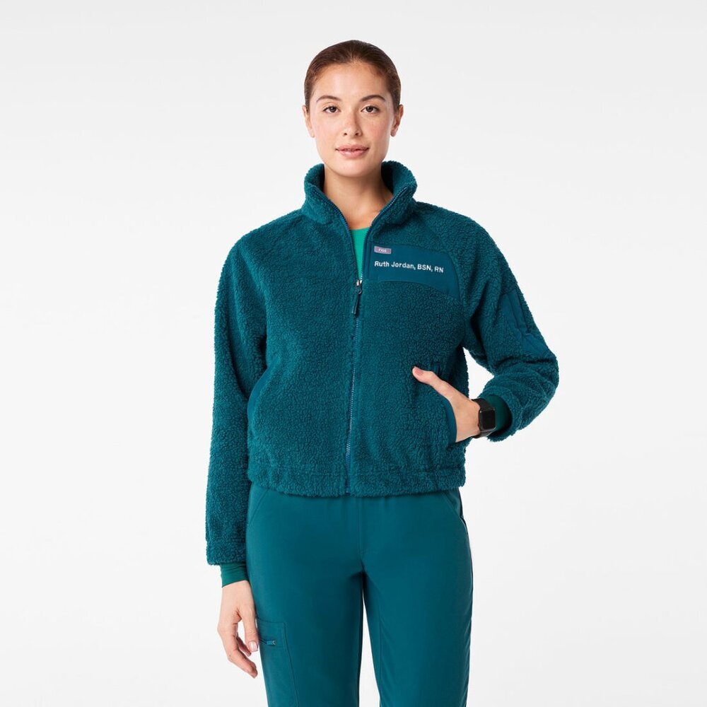 New Figs Womens sz Medium On-Shift High Pile Fleece Bomber Jacket blue
